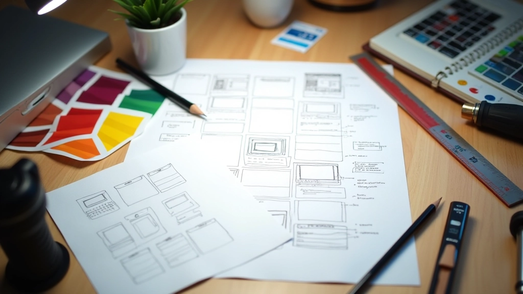 Whiteboard with web design sketches and wireframes