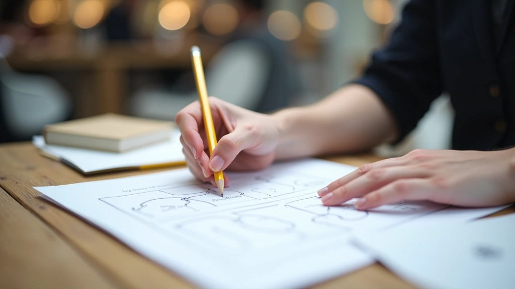 Designer sketching landing page layout with pencil and wireframe diagrams on paper