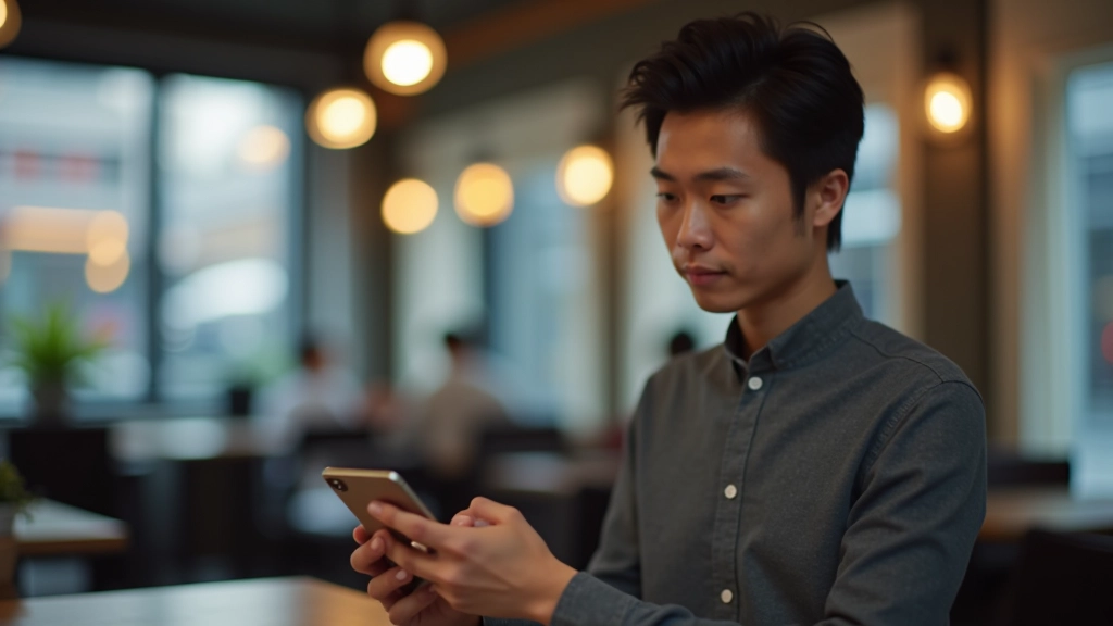 Person holding smartphone while browsing e-commerce website, seated in modern coffee shop with natural window light