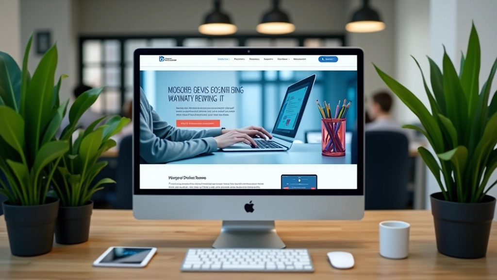 Professional website displayed on computer monitor in modern office setting with plants